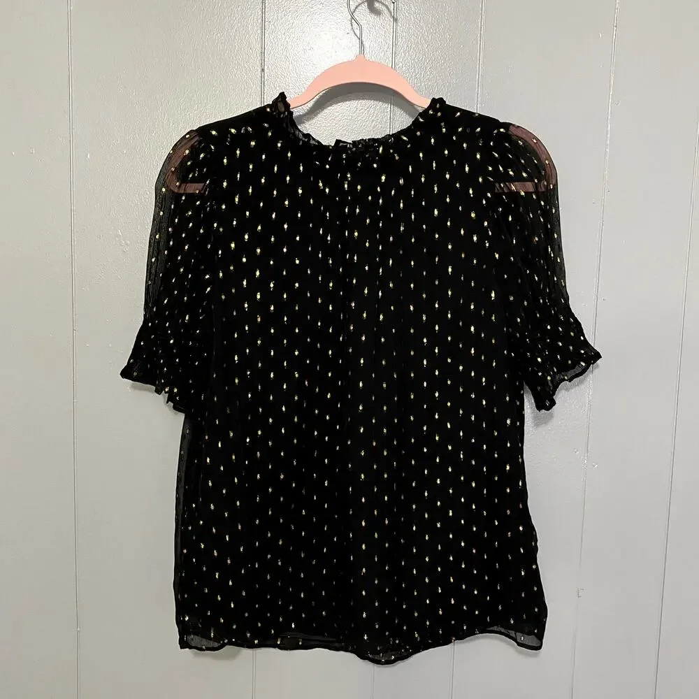 NEW J. Crew Black Lurex Chiffon Smocked Puff Sleeve High Neck Classic Top S